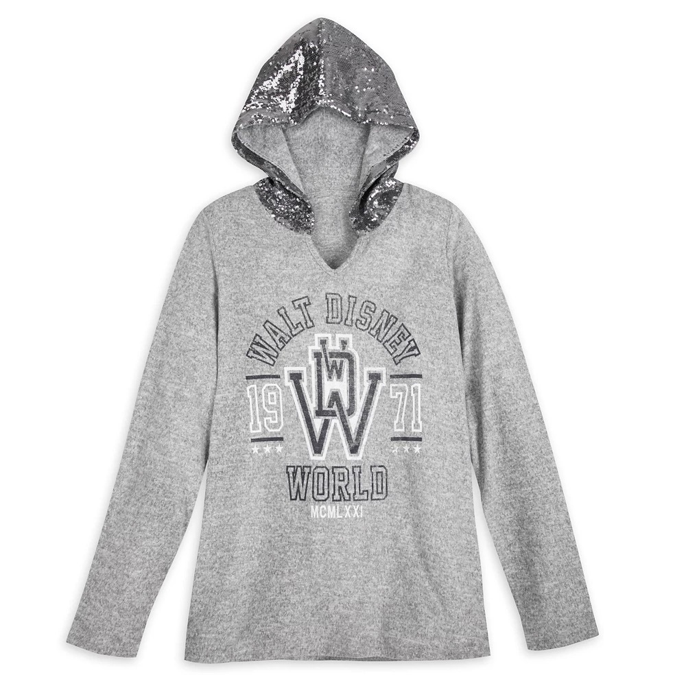 🏰 Walt Disney World Gray Hooded Bling Silver Sequin Pullover Sweatshirt Top